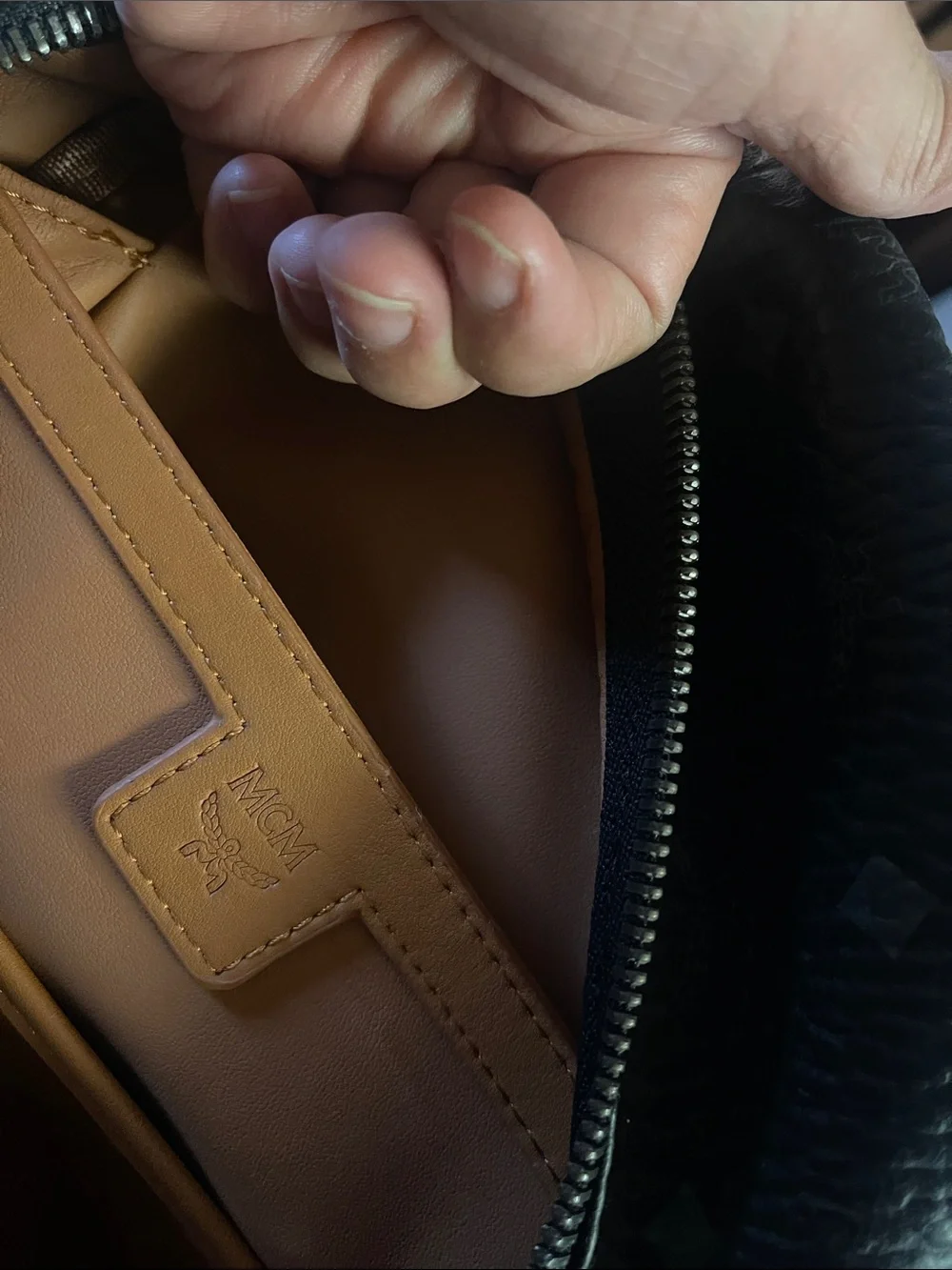 MCM Black Textured Leather Backpack with Gray Logo Panel